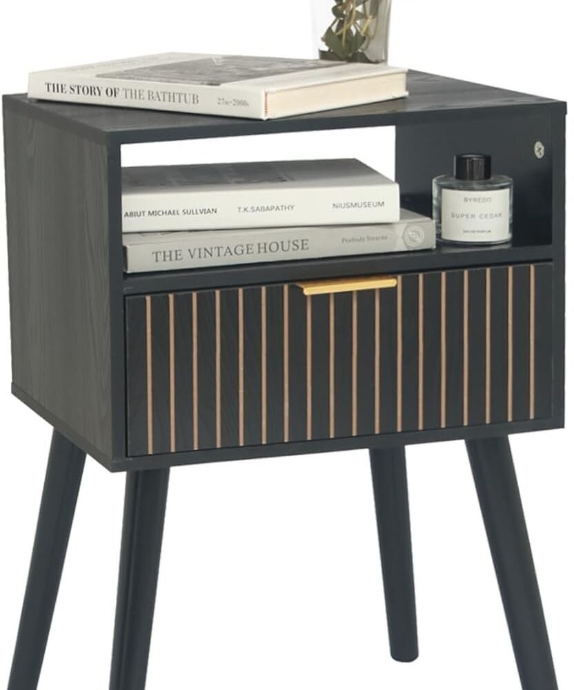 Black Nightstand with Drawer and Open Shelf